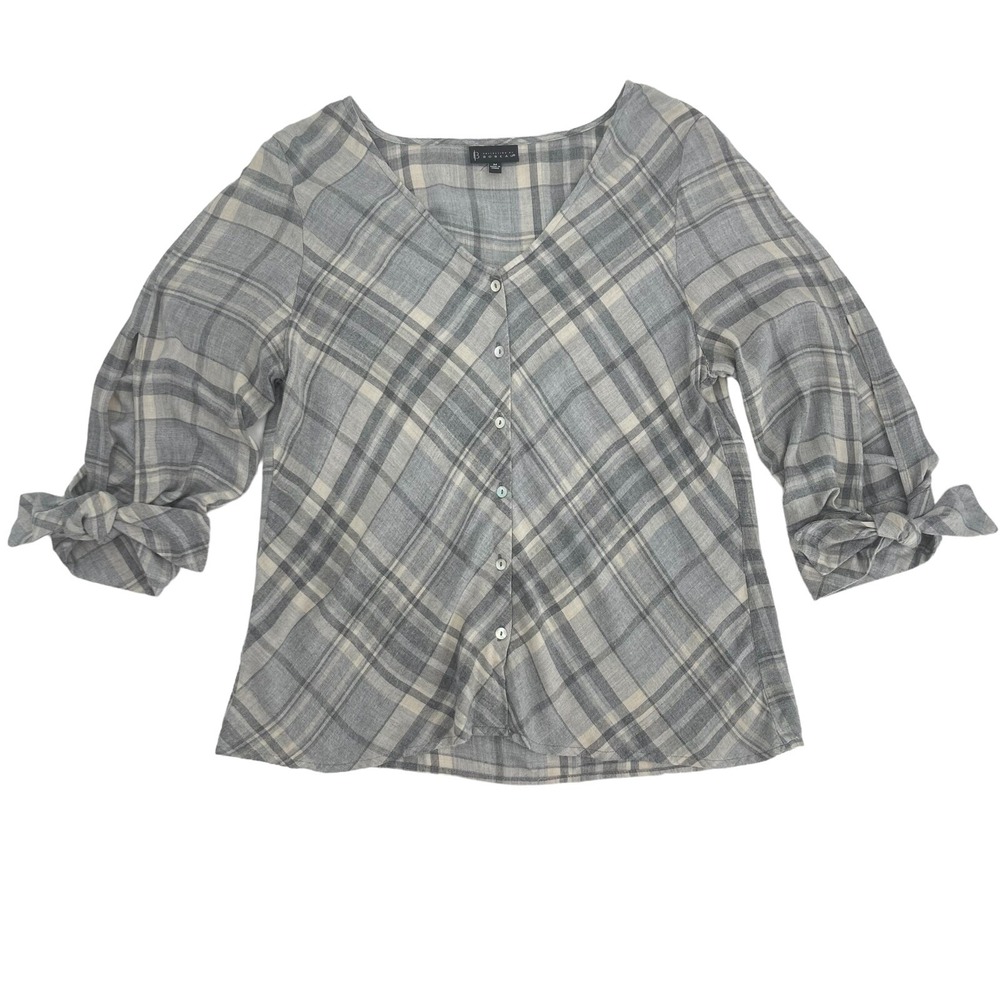 Collection Bobeau Casual Blouse Button Gray Plaid 3/4 Sleeve V Neck Womens M